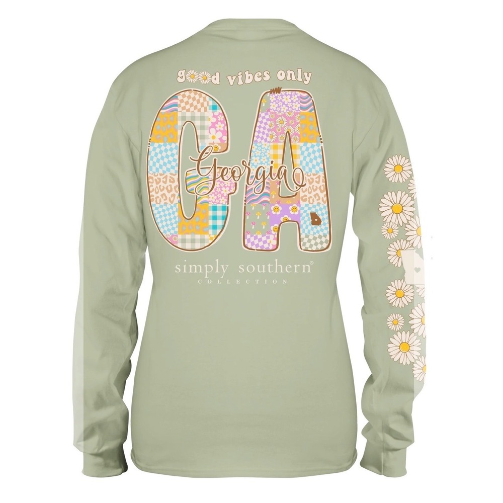 Simply Southern Georgia GA Good Vibes Only Sage Green Long Sleeve Graphic XL NWT